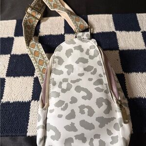 White Leopard Print Sling Bag with Patterned Strap NEW